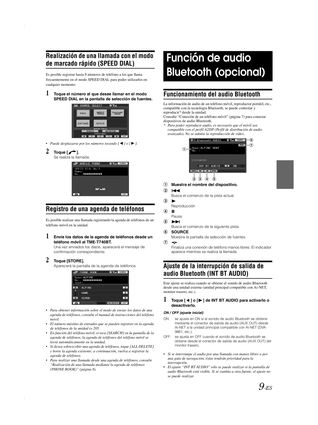 Alpine TME-M740BT owner manual Función de audio Bluetooth opcional, Registro de una agenda de teléfonos 