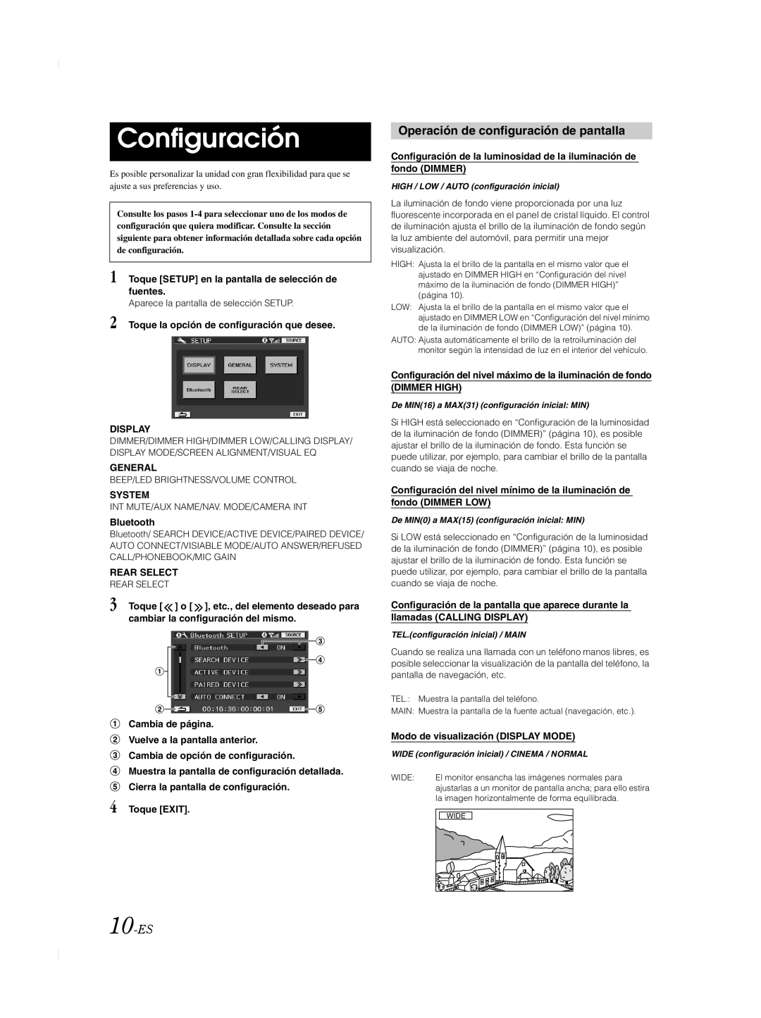 Alpine TME-M740BT owner manual Configuración, Operación de configuración de pantalla, 10-ES 