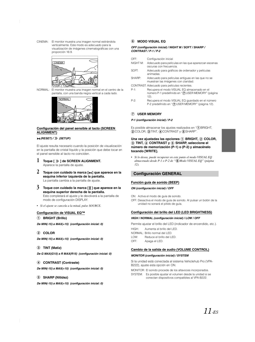 Alpine TME-M740BT owner manual Configuración General, 11-ES, Modo Visual EQ 