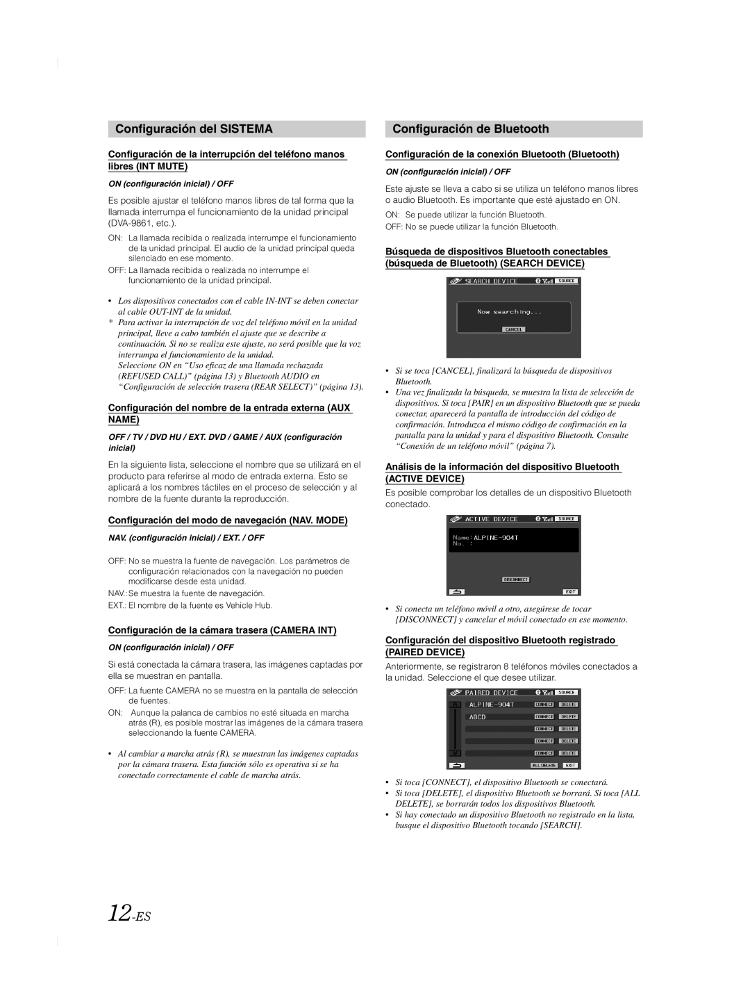 Alpine TME-M740BT owner manual Configuración del Sistema, Configuración de Bluetooth, 12-ES, Paired Device 