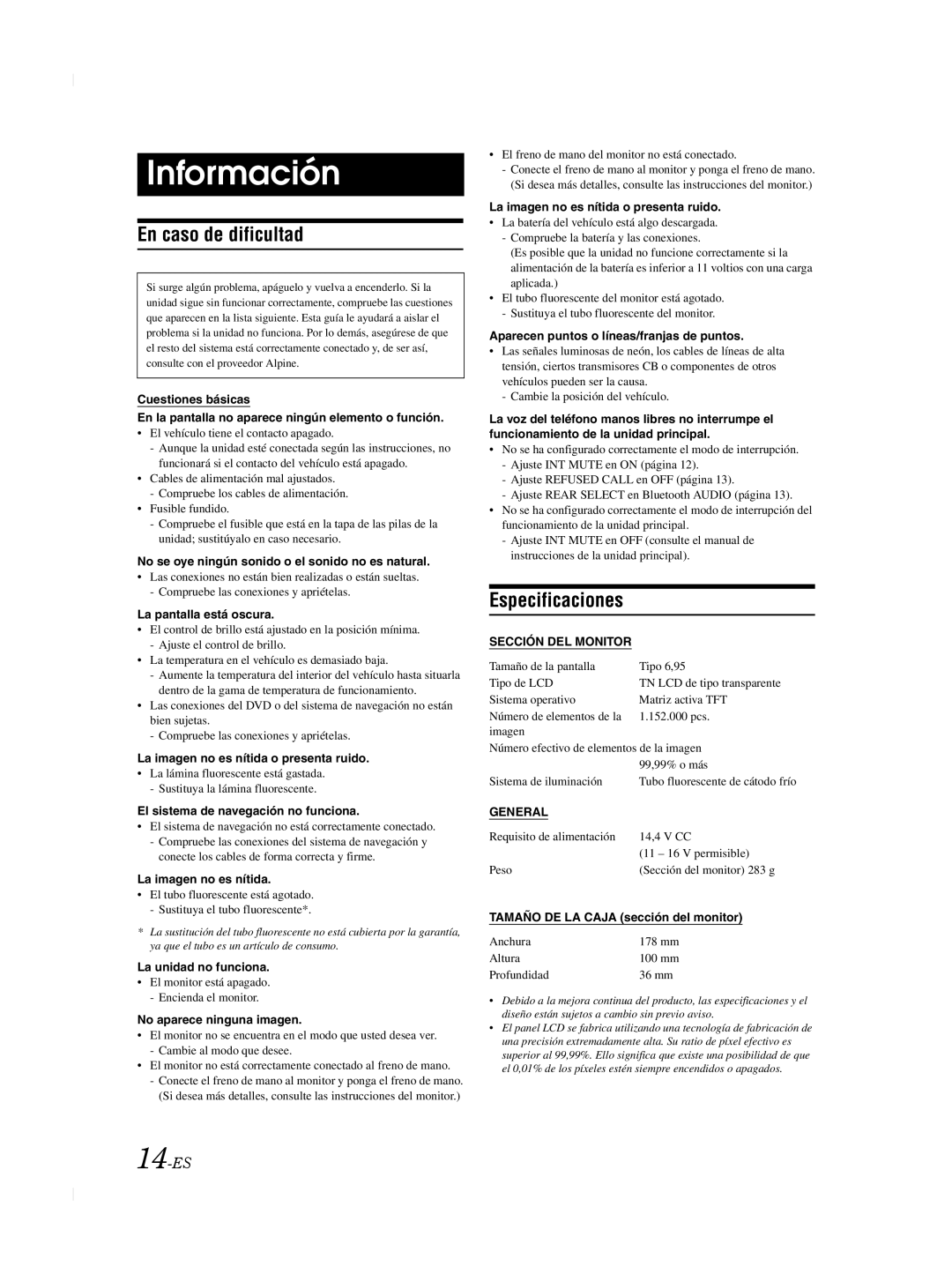 Alpine TME-M740BT owner manual Información, En caso de dificultad, Especificaciones, 14-ES, Sección DEL Monitor 