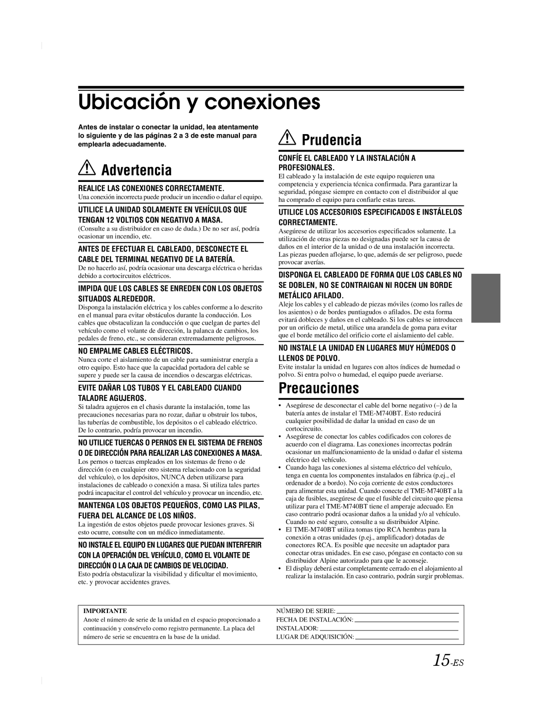 Alpine TME-M740BT owner manual Ubicación y conexiones, 15-ES 