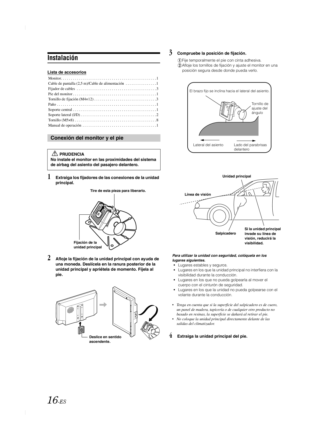 Alpine TME-M740BT owner manual Instalación, Conexión del monitor y el pie, 16-ES, Prudencia 