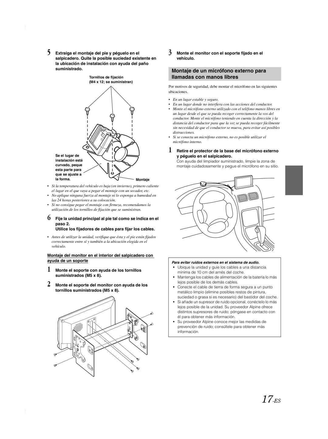 Alpine TME-M740BT owner manual 17-ES, Para evitar ruidos externos en el sistema de audio 