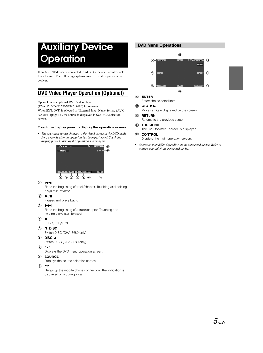 Alpine TME-M740BT owner manual Auxiliary Device Operation, DVD Video Player Operation Optional, DVD Menu Operations 