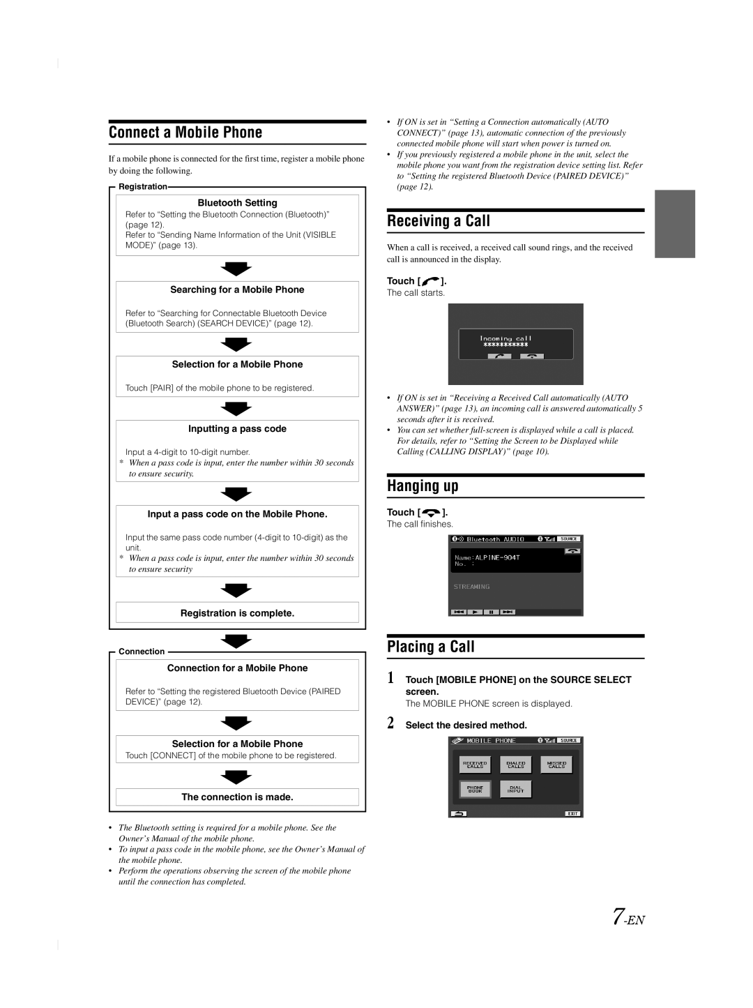 Alpine TME-M740BT owner manual Connect a Mobile Phone, Receiving a Call, Hanging up, Placing a Call 