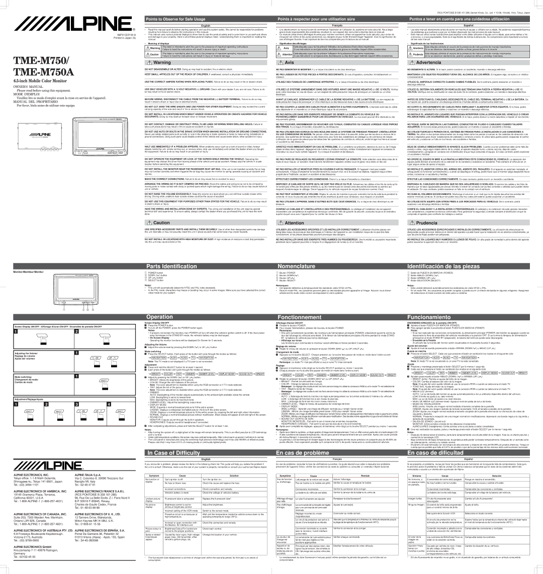 Alpine TME-M750 owner manual Operation, Fonctionnement, Funcionamiento, Case of Difficulty, En cas de problème 