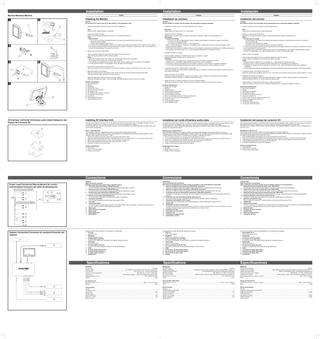 Alpine TME-M750 owner manual Installation, Instalación, Connections Connexions Conexiones, Specifications, Spécifications 