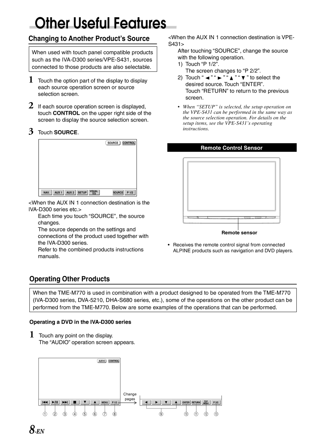 Alpine TME-M770 Changing to Another Product’s Source, Operating Other Products, Operating a DVD in the IVA-D300 series 