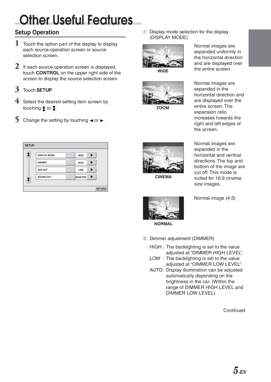 Alpine TME-M770 owner manual Other Useful Features, Setup Operation 