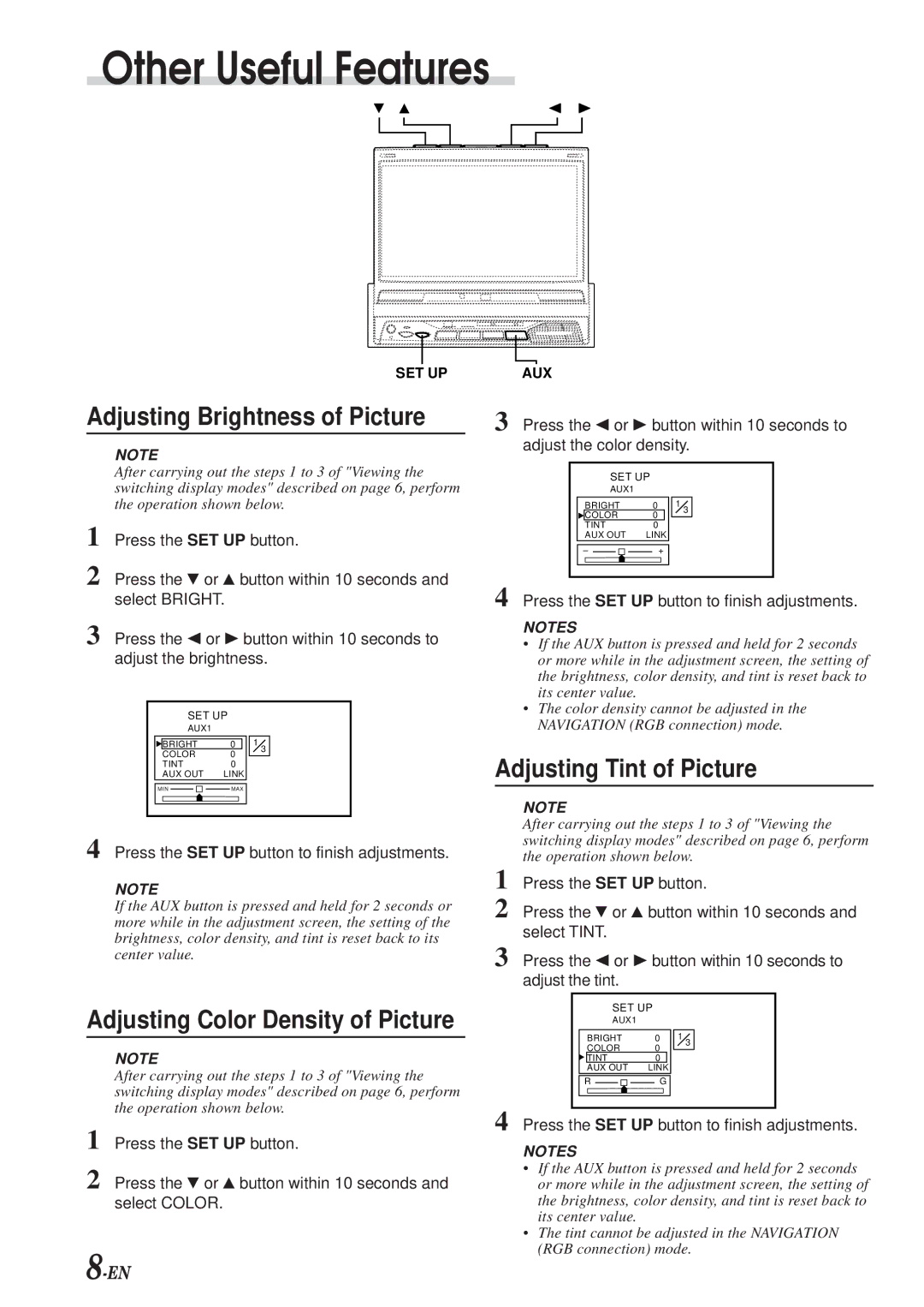 Alpine TME-M790 owner manual Other Useful Features, Adjusting Brightness of Picture, Adjusting Tint of Picture 