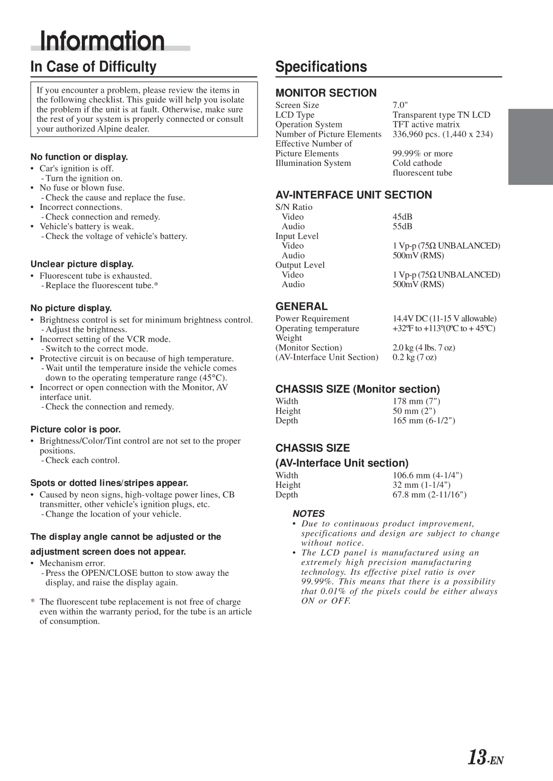 Alpine TME-M790 owner manual Information, Case of Difficulty, Specifications 