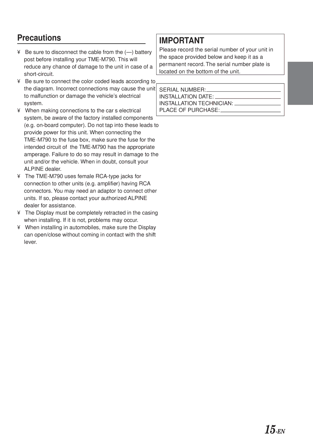 Alpine TME-M790 owner manual Precautions 