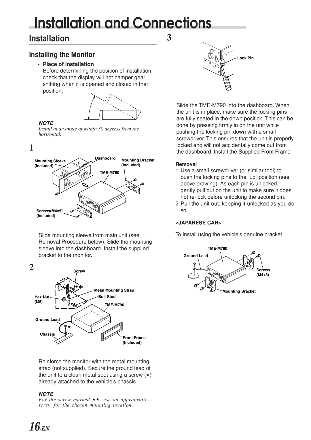 Alpine TME-M790 owner manual Installation, Place of installation, To install using the vehicles genuine bracket 