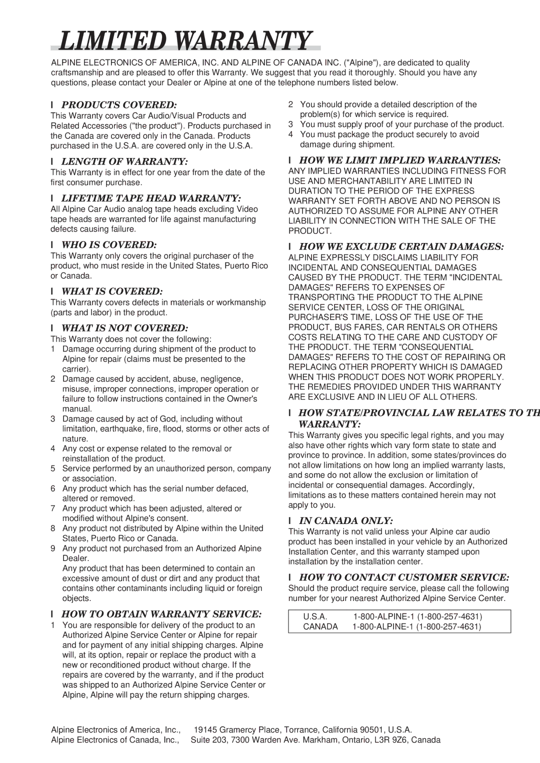 Alpine TME-M790 Products Covered, Length of Warranty, Lifetime Tape Head Warranty, HOW WE Limit Implied Warranties 