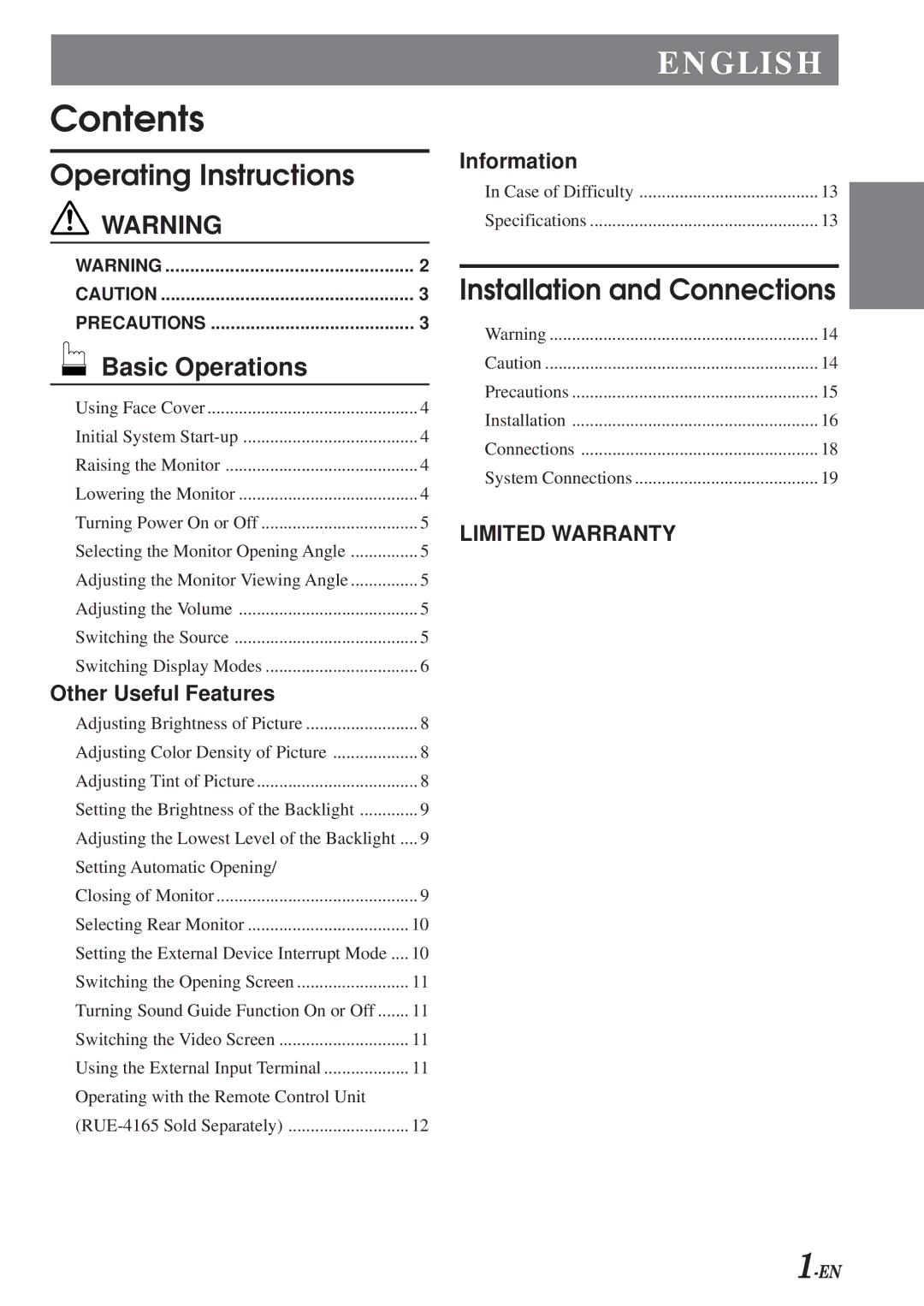 Alpine TME-M790 owner manual Contents 