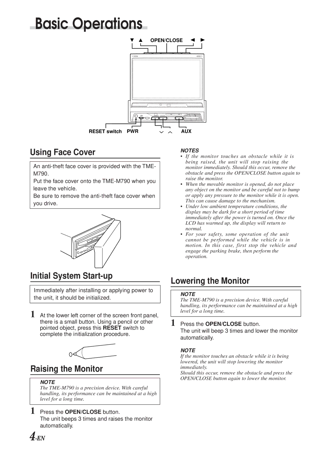 Alpine TME-M790 Basic Operations, Using Face Cover, Initial System Start-up, Raising the Monitor, Lowering the Monitor 