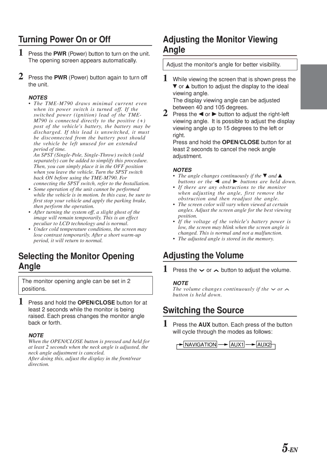 Alpine TME-M790 Turning Power On or Off, Selecting the Monitor Opening Angle, Adjusting the Monitor Viewing Angle 