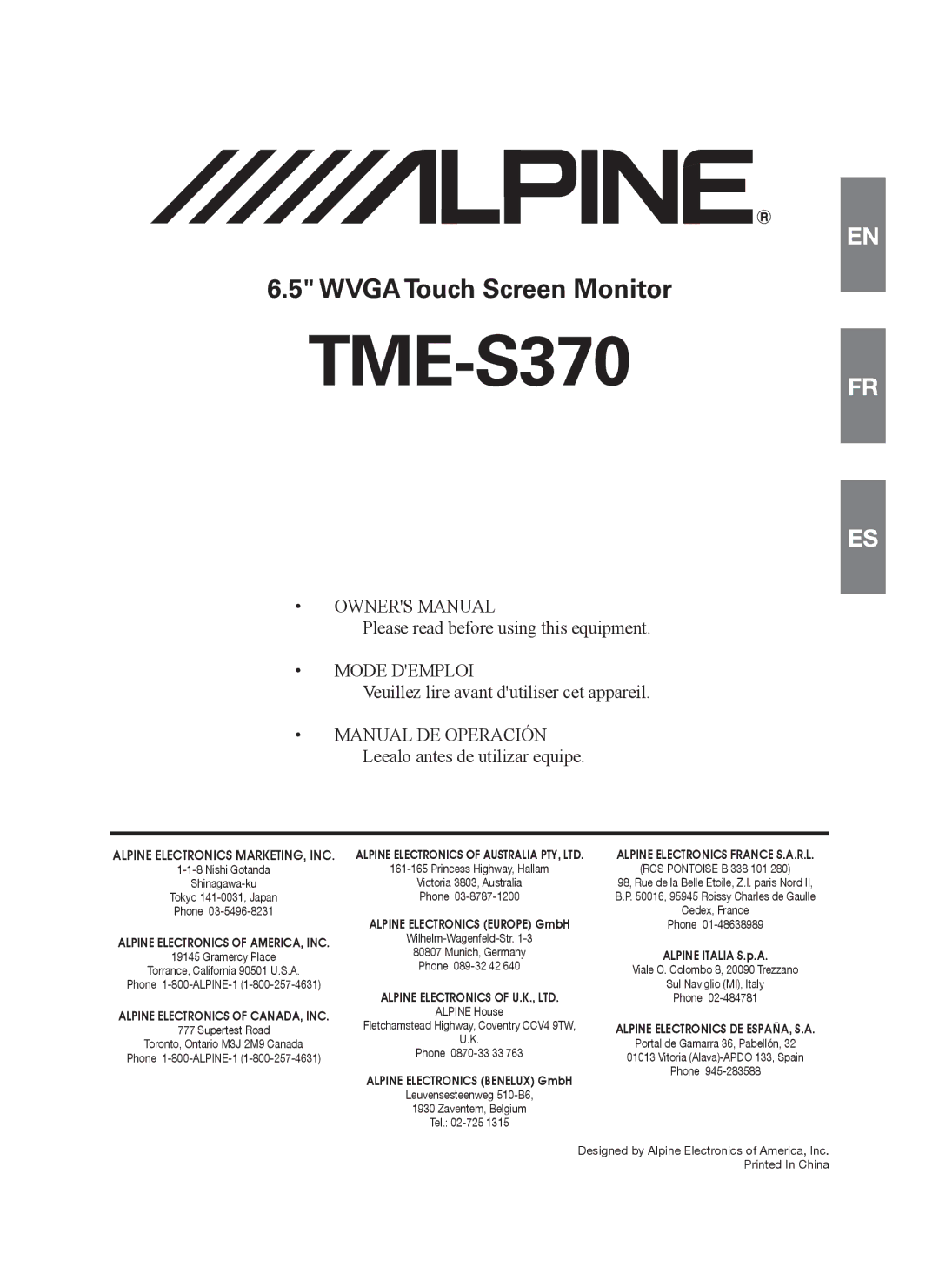 Alpine TME-S370 manual 