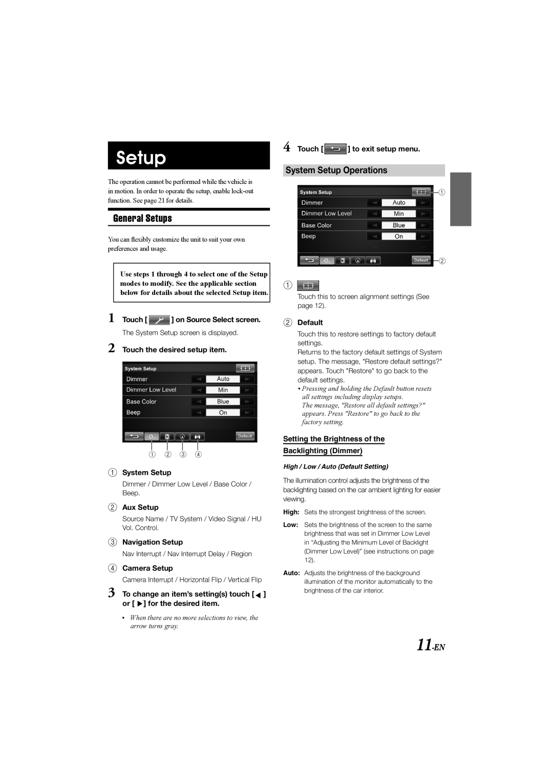 Alpine TME-S370 manual General Setups, System Setup Operations, 11-EN, Setting the Brightness Backlighting Dimmer 