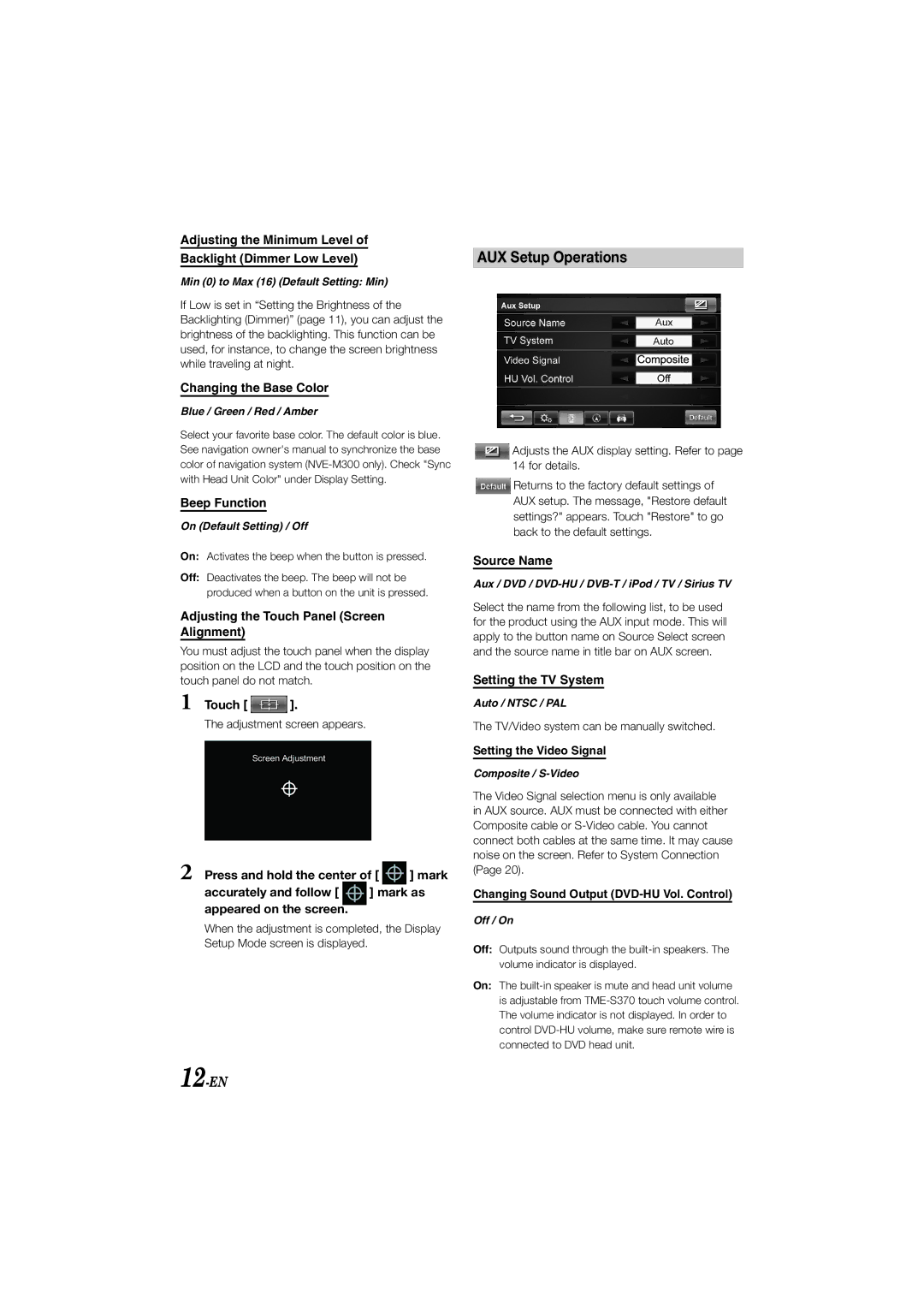 Alpine TME-S370 manual AUX Setup Operations, 12-EN 