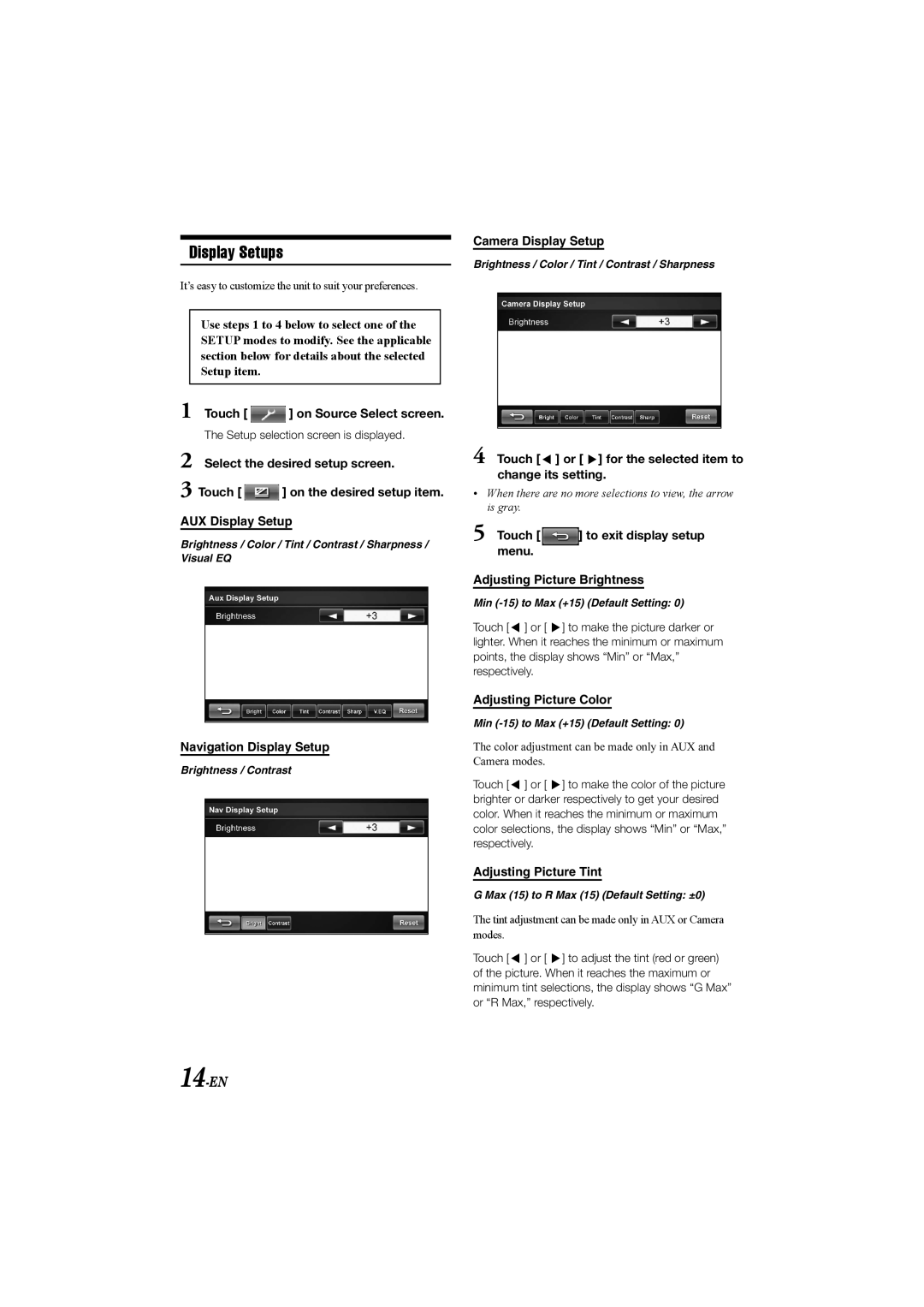 Alpine TME-S370 manual 14-EN, Navigation Display Setup, Touch or for the selected item to change its setting 