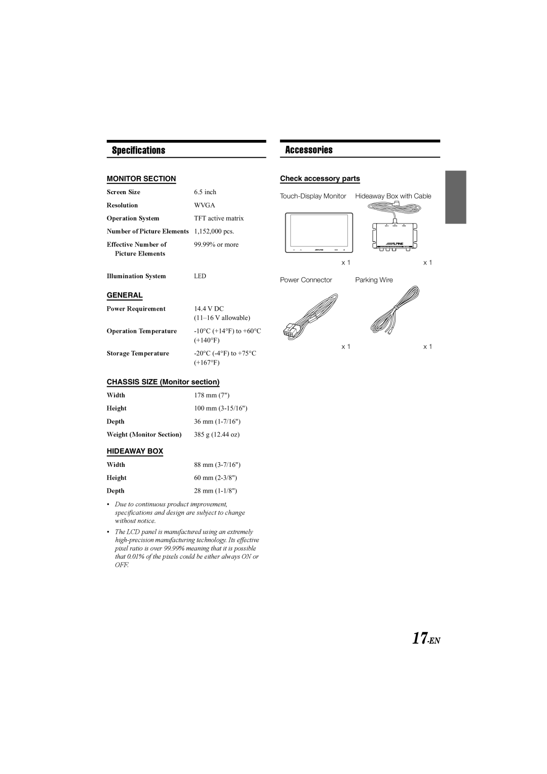 Alpine TME-S370 manual Speciﬁcations Accessories, 17-EN, Chassis Size Monitor section, Check accessory parts 