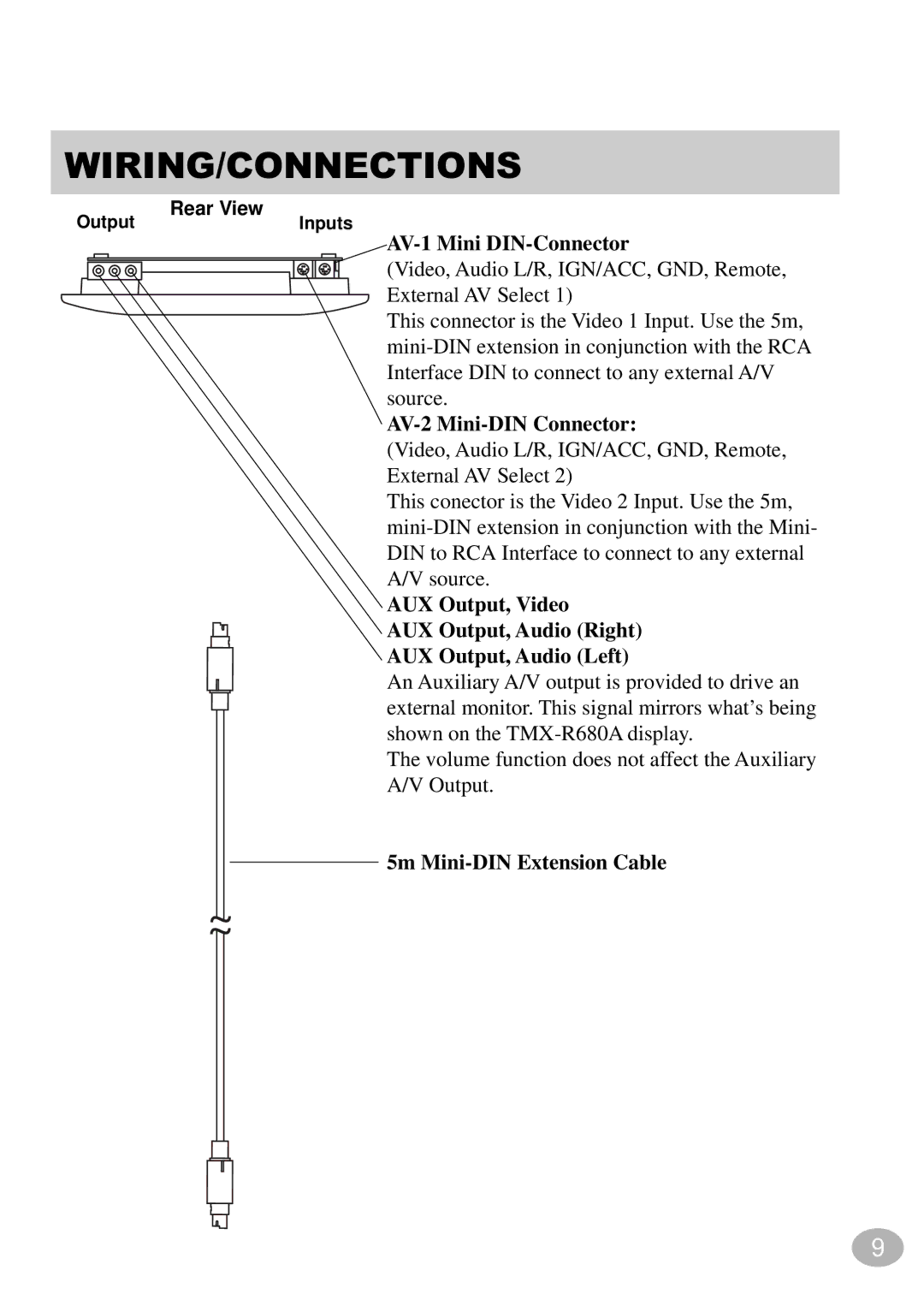 Alpine TMX-R680A owner manual AV-1 Mini DIN-Connector, AV-2 Mini-DIN Connector, 5m Mini-DIN Extension Cable 