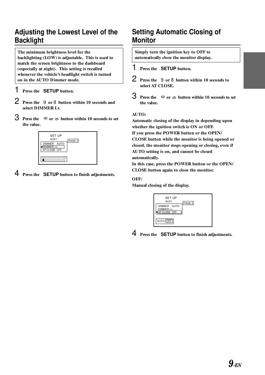 Alpine TMX-R705 owner manual Adjusting the Lowest Level of the Backlight, Setting Automatic Closing Monitor 