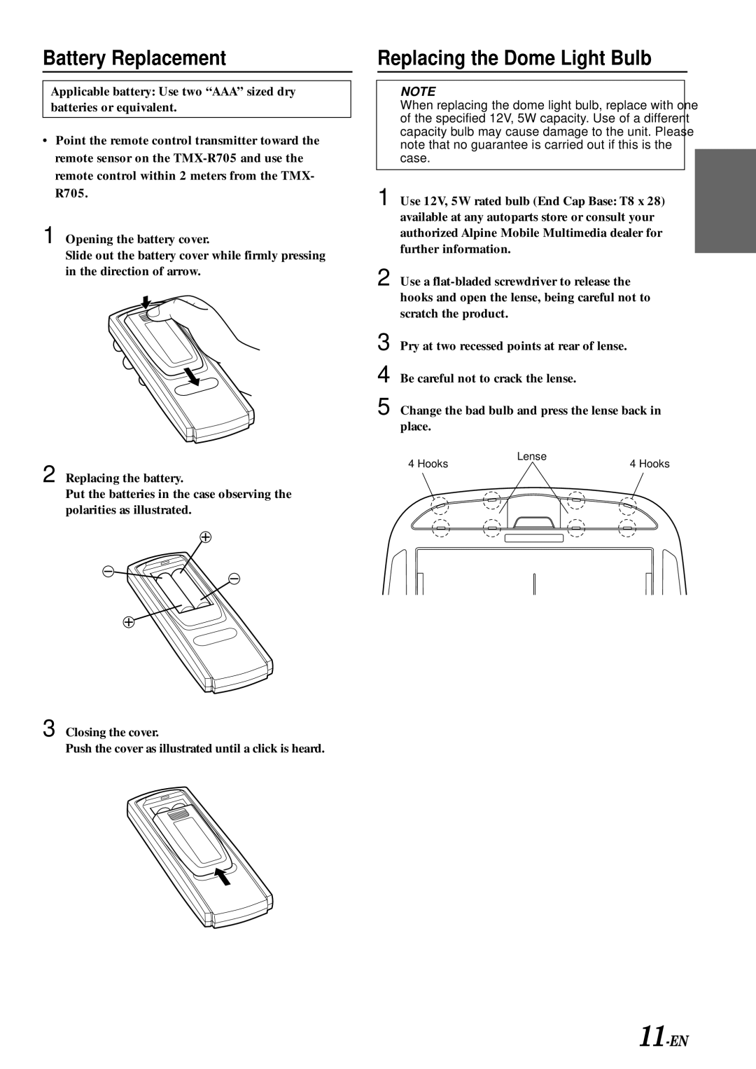 Alpine TMX-R705 owner manual Battery Replacement, Replacing the Dome Light Bulb 