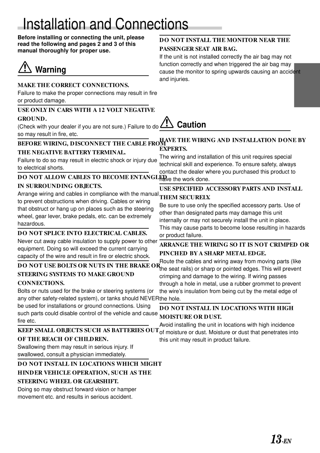 Alpine TMX-R705 owner manual Installation and Connections, Do not Install the Monitor Near the Passenger Seat AIR BAG 