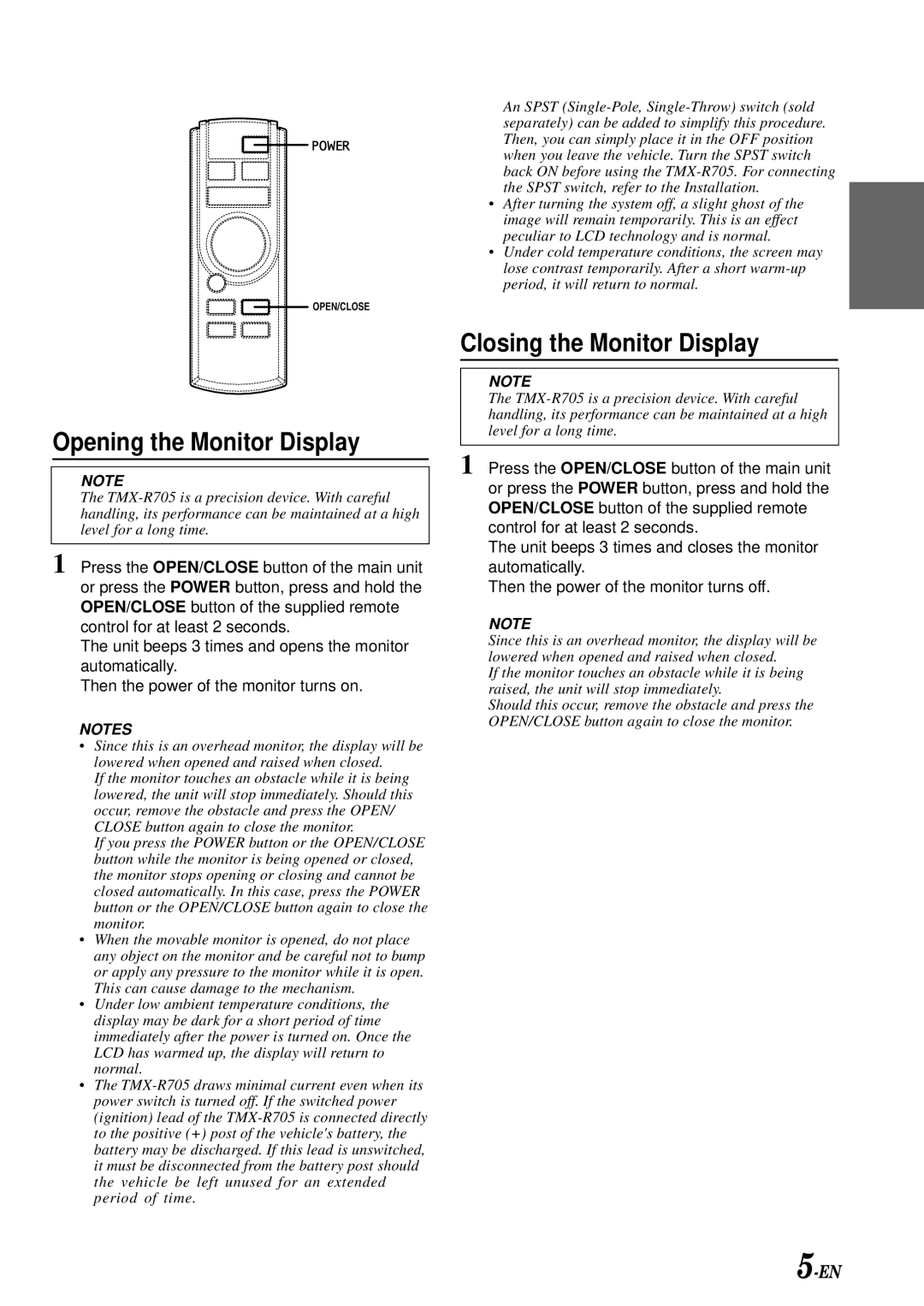 Alpine TMX-R705 owner manual Opening the Monitor Display, Closing the Monitor Display 