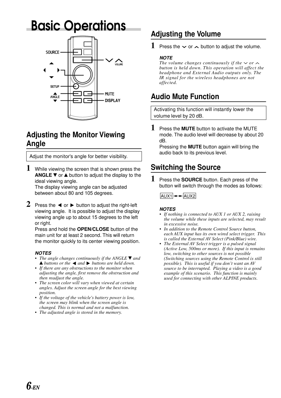 Alpine TMX-R705 Adjusting the Monitor Viewing Angle, Adjusting the Volume, Audio Mute Function, Switching the Source 