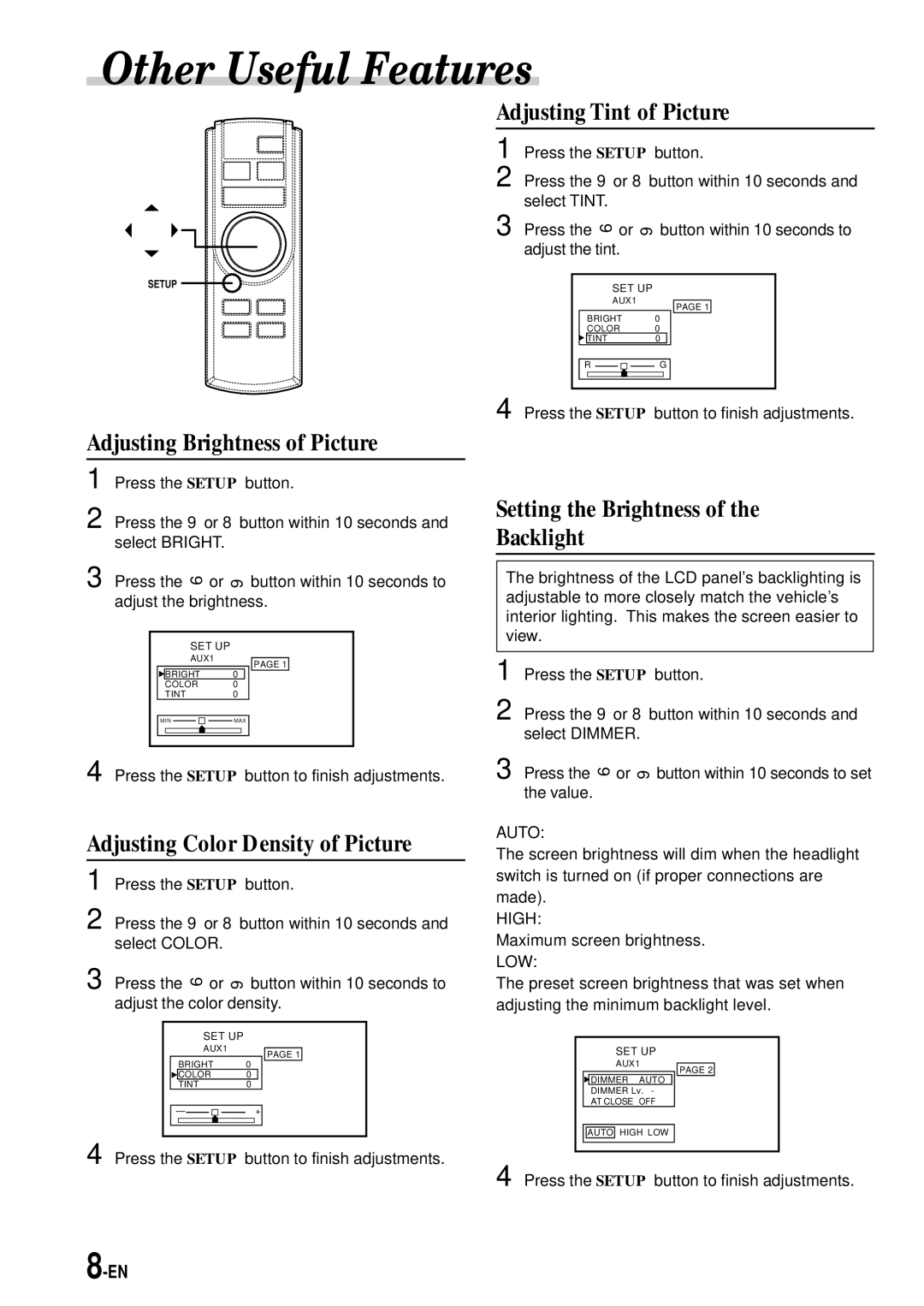 Alpine TMX-R705 owner manual Other Useful Features, Adjusting Tint of Picture Adjusting Brightness of Picture 