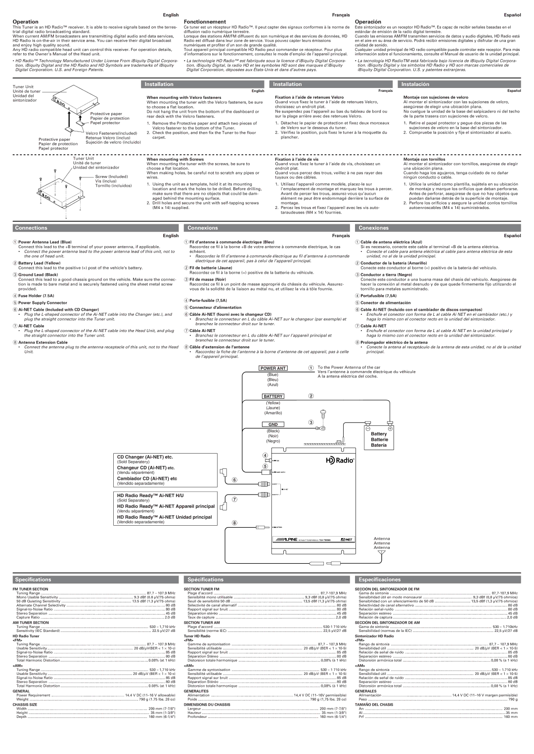 Alpine TUA-T500HD Installation, Instalación, Connections, Connexions, Conexiones, Specifications, Spécifications 