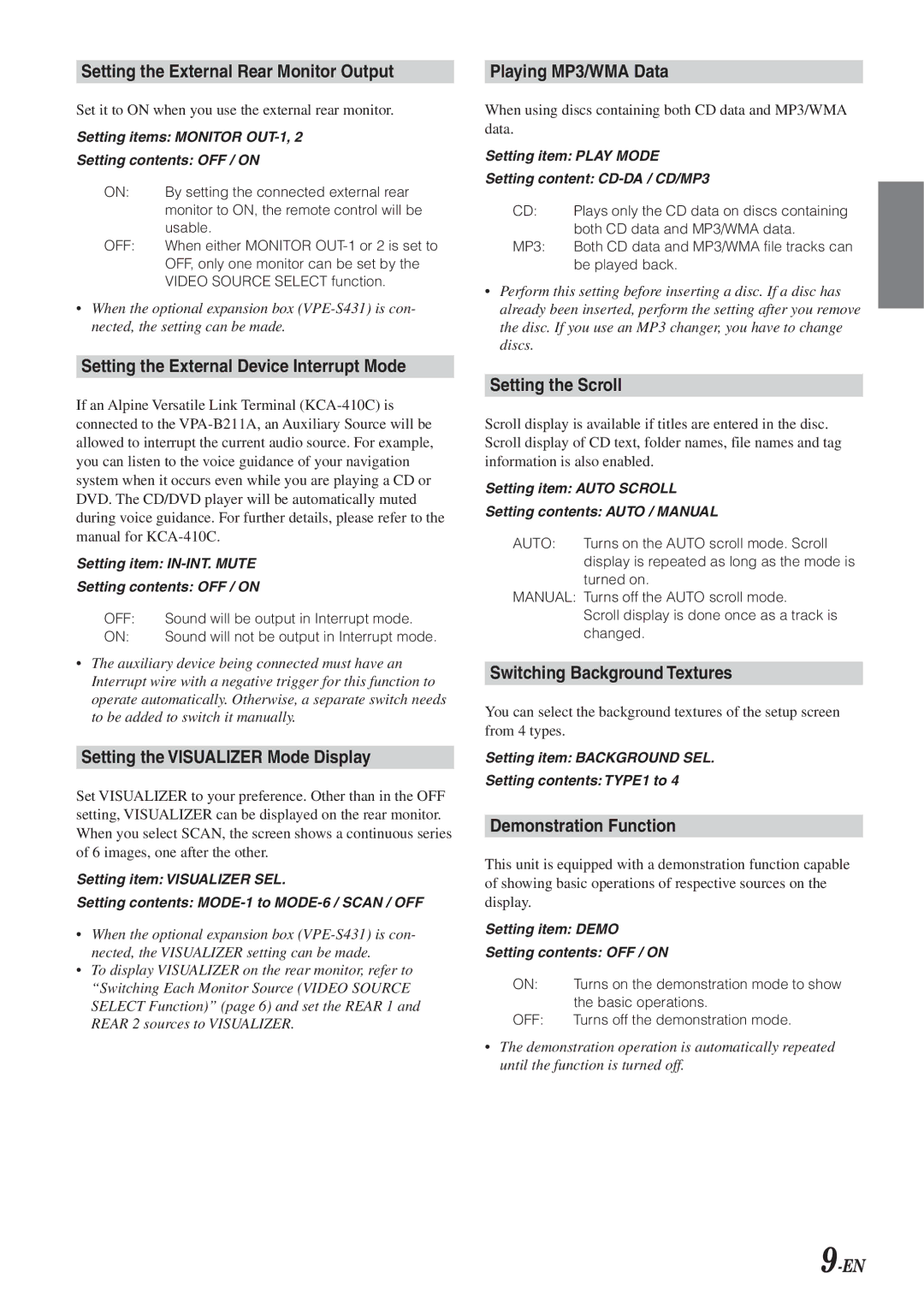 Alpine VPA-B211A Setting the External Rear Monitor Output, Setting the External Device Interrupt Mode, Setting the Scroll 