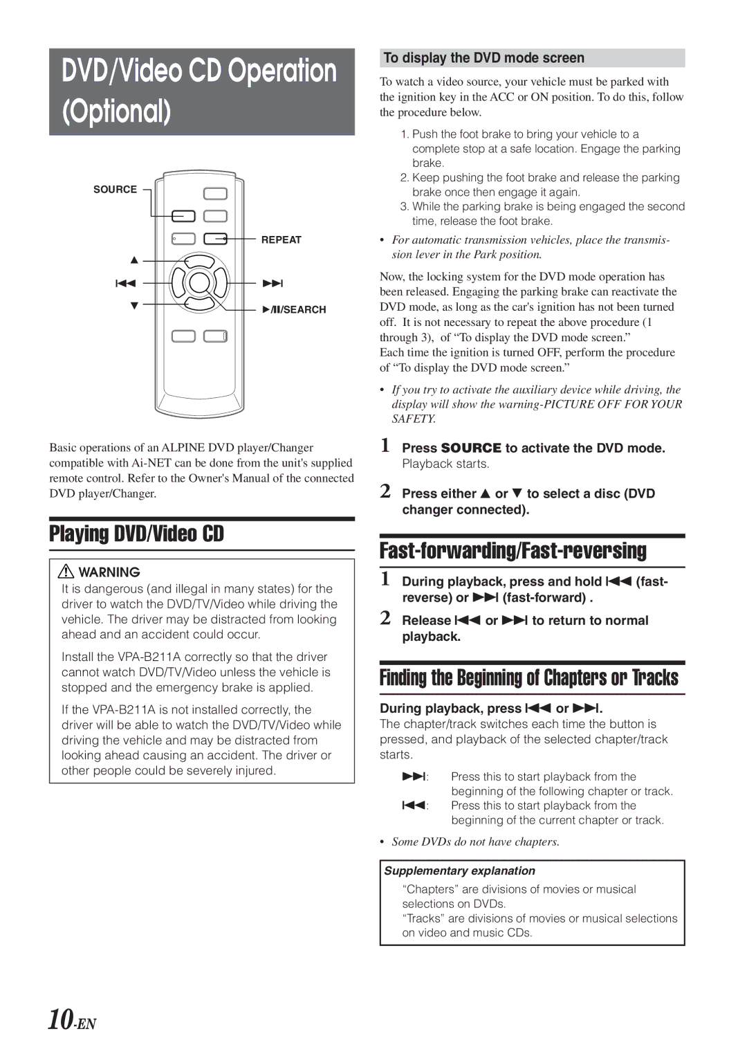 Alpine VPA-B211A Optional, Playing DVD/Video CD, Fast-forwarding/Fast-reversing, To display the DVD mode screen, 10-EN 