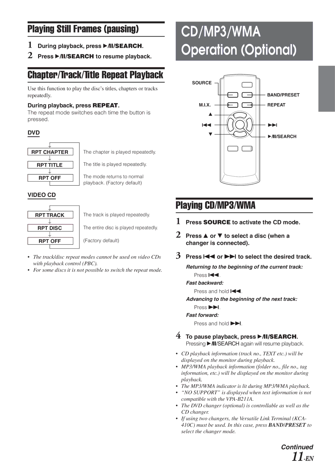 Alpine VPA-B211A owner manual Operation Optional, Playing Still Frames pausing, Playing CD/MP3/WMA, 11-EN 