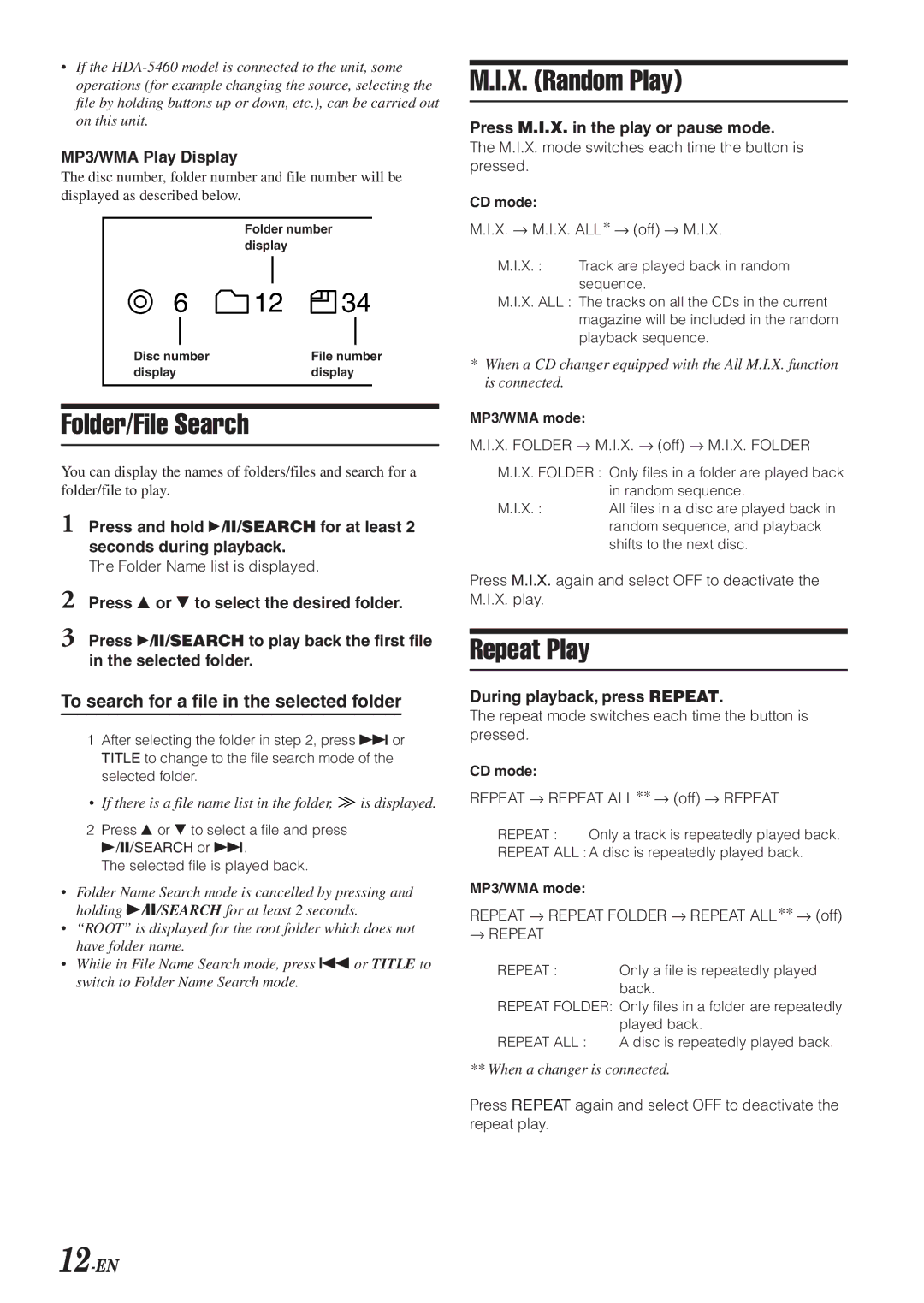 Alpine VPA-B211A Folder/File Search, X. Random Play, Repeat Play, To search for a file in the selected folder, 12-EN 