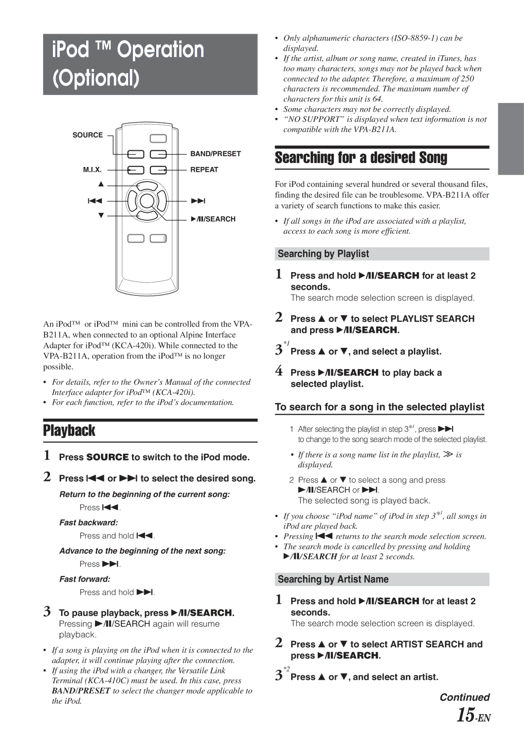 Alpine VPA-B211A owner manual IPod Operation Optional, Playback, Searching for a desired Song 