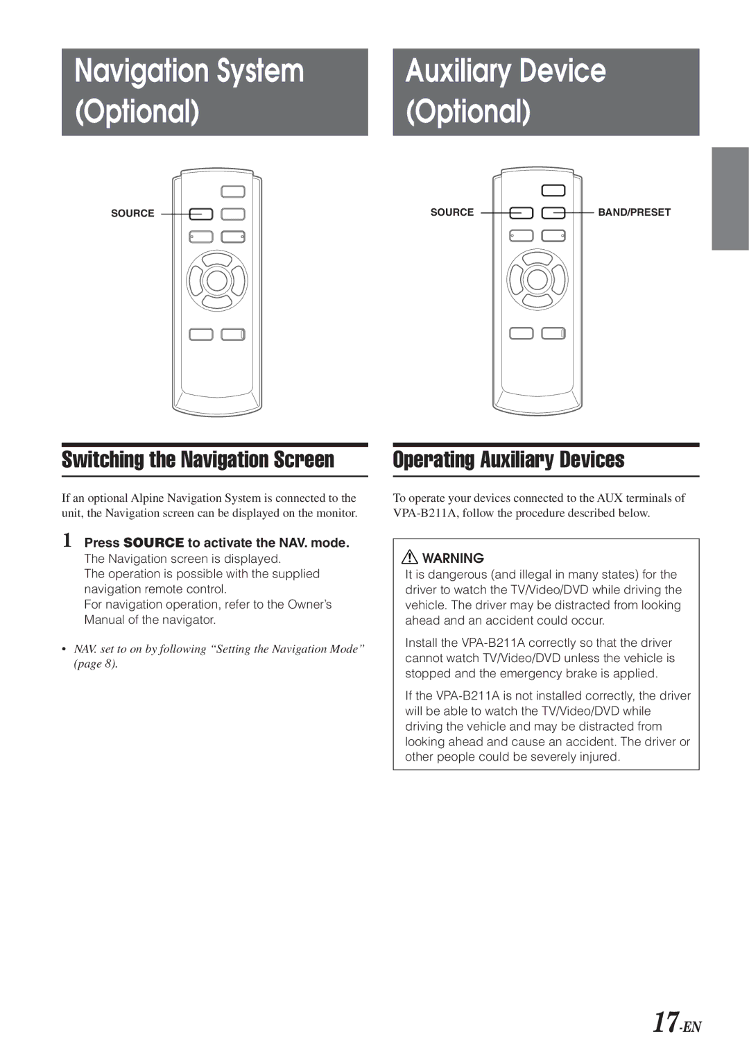Alpine VPA-B211A owner manual Navigation System Optional, Auxiliary Device Optional, Switching the Navigation Screen, 17-EN 