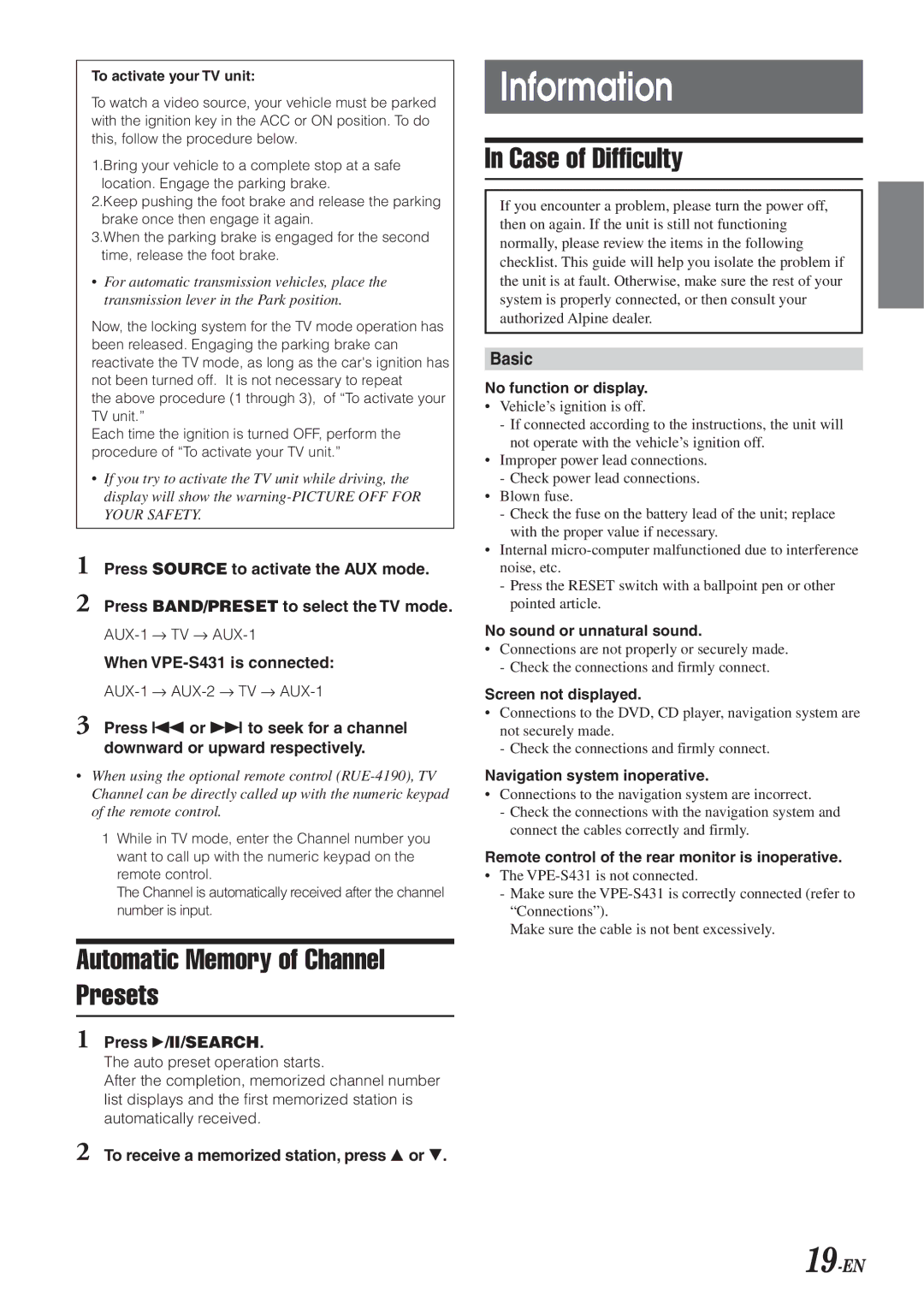 Alpine VPA-B211A owner manual Information, Automatic Memory of Channel Presets, Case of Difficulty, Basic, 19-EN 