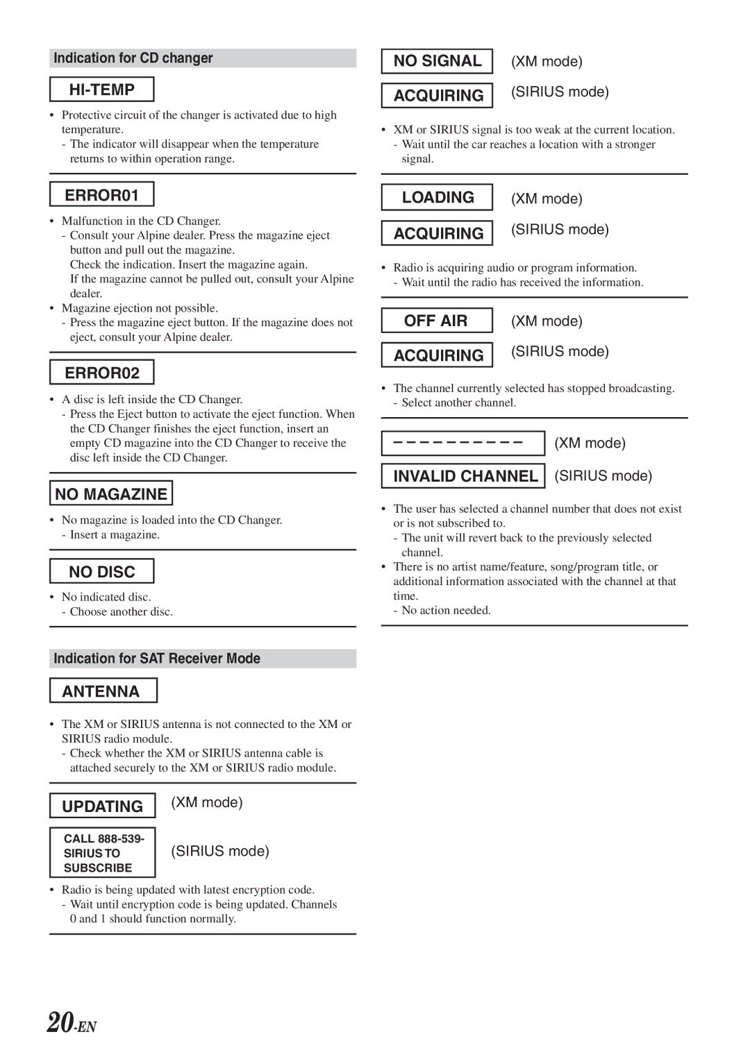 Alpine VPA-B211A owner manual Indication for CD changer, Indication for SAT Receiver Mode, XM mode, Sirius mode, 20-EN 