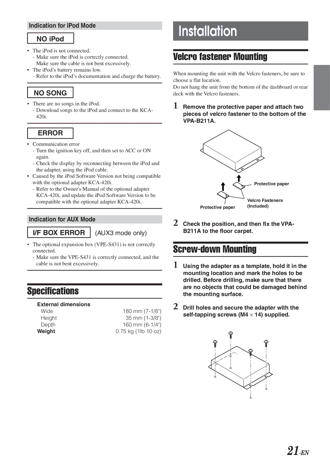 Alpine VPA-B211A owner manual Installation, Velcro fastener Mounting, Specifications, Screw-down Mounting 