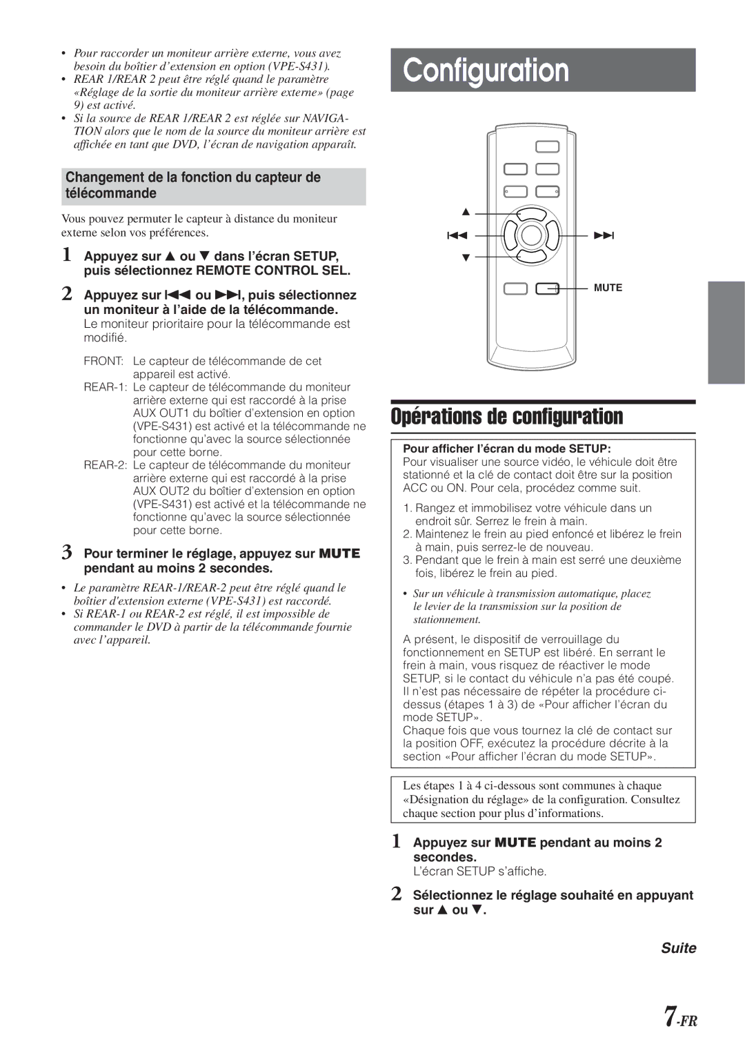 Alpine VPA-B211A Configuration, Opérations de configuration, Changement de la fonction du capteur de Télécommande 