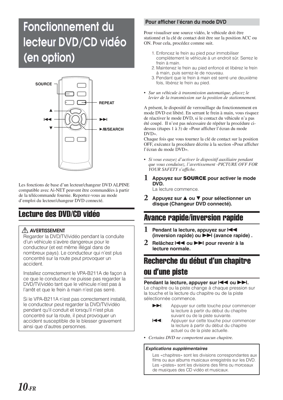 Alpine VPA-B211A owner manual Fonctionnement du lecteur DVD/CD vidéo en option, Lecture des DVD/CD vidéo 