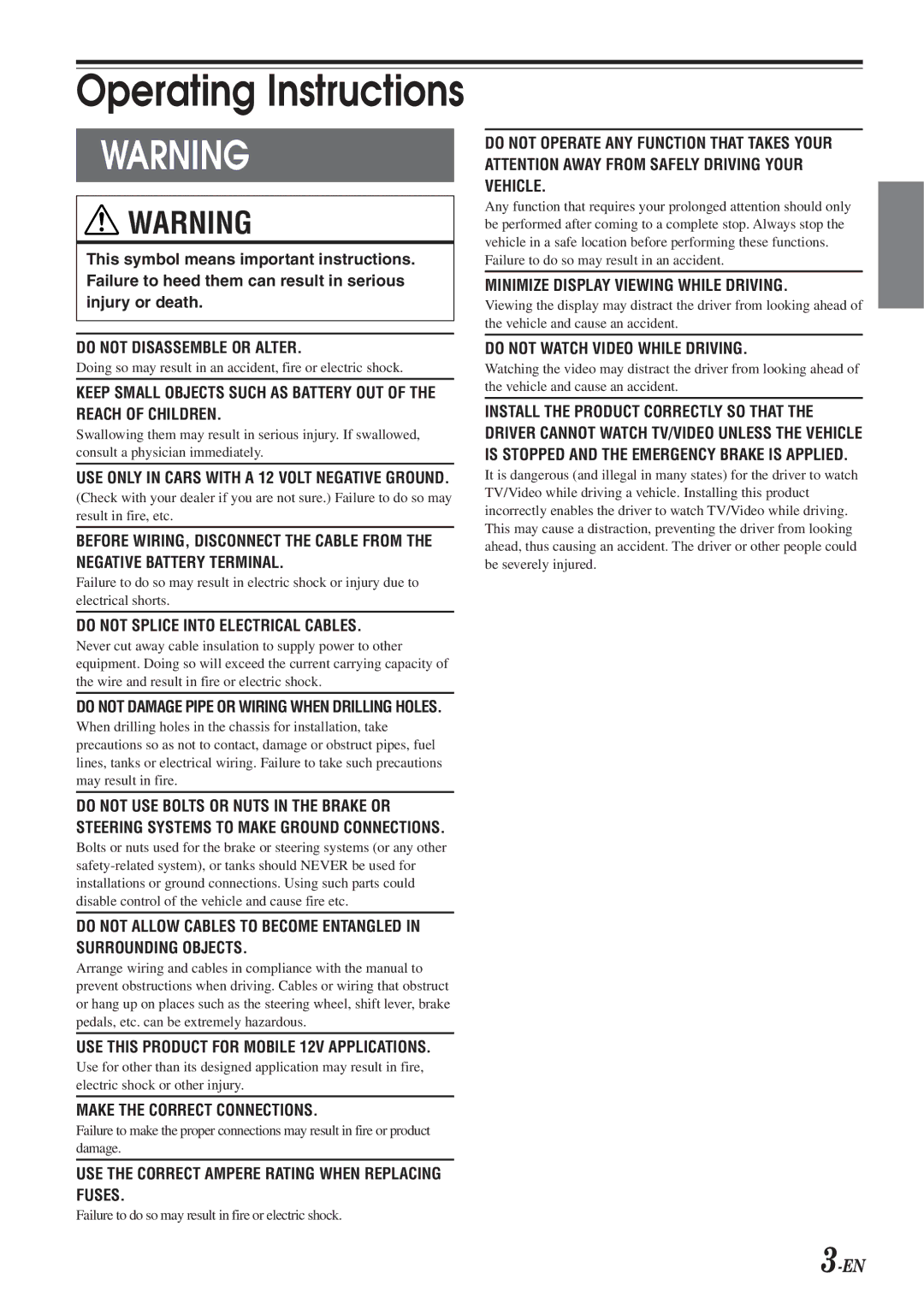 Alpine VPA-B211A Do not Disassemble or Alter, Do not Splice Into Electrical Cables, Make the Correct Connections 