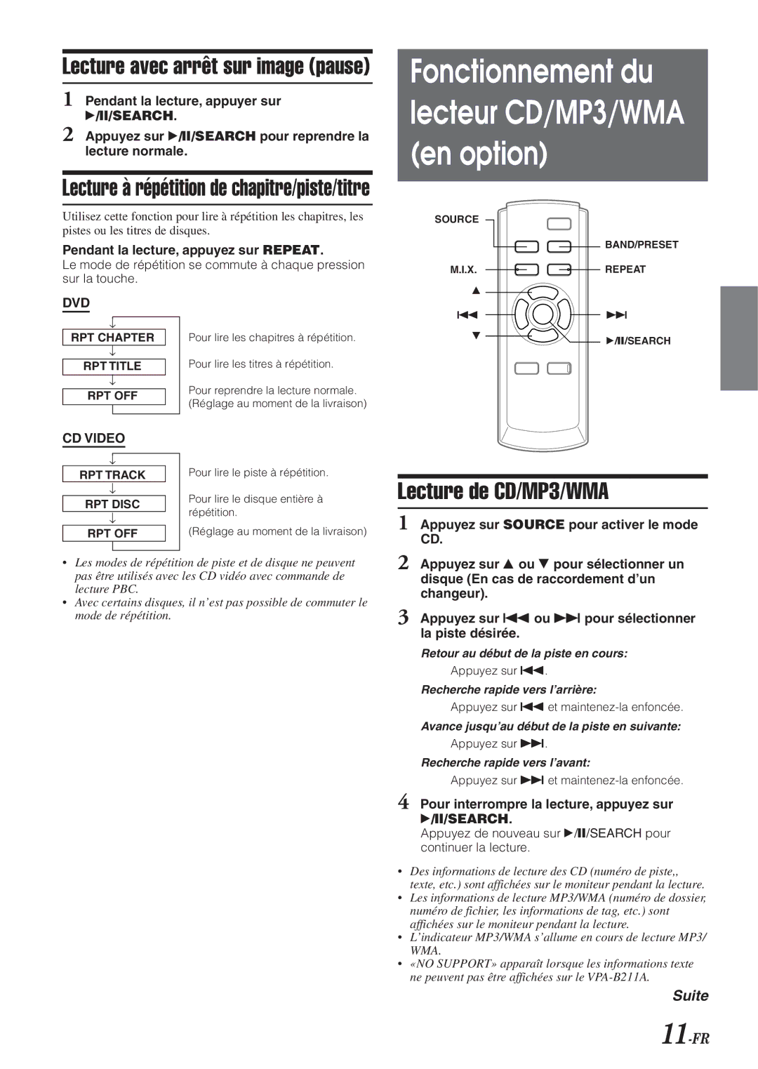 Alpine VPA-B211A owner manual Lecture de CD/MP3/WMA, 11-FR, Search, CD Video 