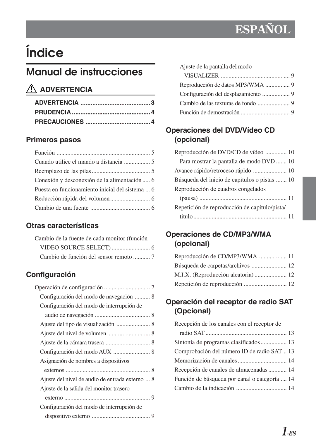 Alpine VPA-B211A owner manual Índice, Advertencia Prudencia Precauciones 