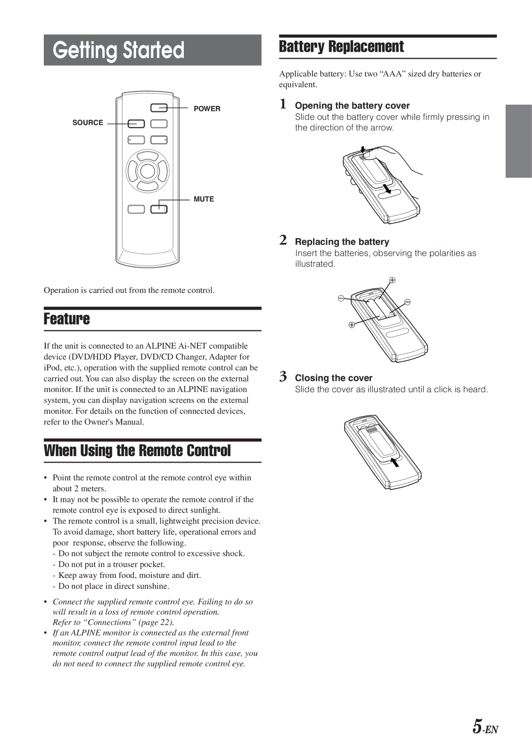 Alpine VPA-B211A owner manual Getting Started, Feature When Using the Remote Control, Battery Replacement 